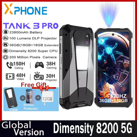 Tank 3 Pro 8849 Rugged Phones, 5G with 100 Lumens Projector 32/36GB 512GB 23800mAh, Waterproof 200MP Smartphones