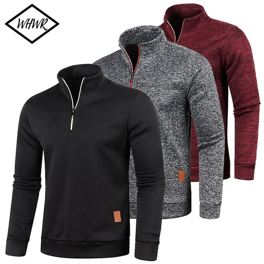 Men Sweatshirts Thicker Half Zipper, Pullover Solid Color Turtleneck.