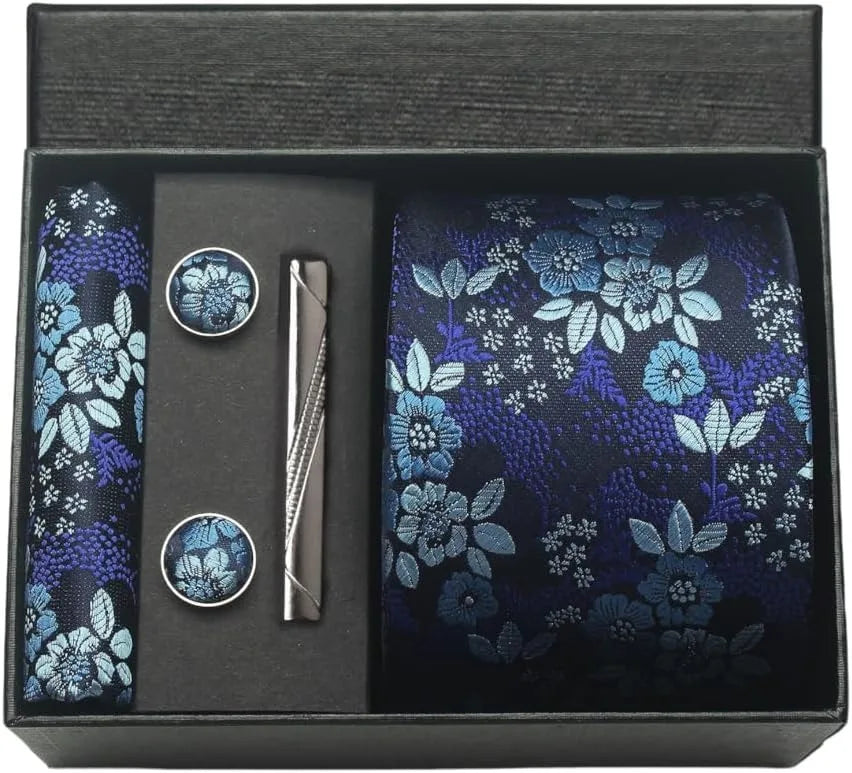 100% Silk Necktie Paisley Floral Men Business Tie, Pocket Square ,Tie Clip ,Cufflinks Set  Gift Box.
