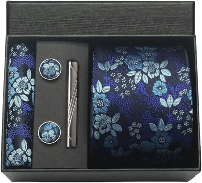 100% Silk Necktie Paisley Floral Men Business Tie, Pocket Square ,Tie Clip ,Cufflinks Set  Gift Box.