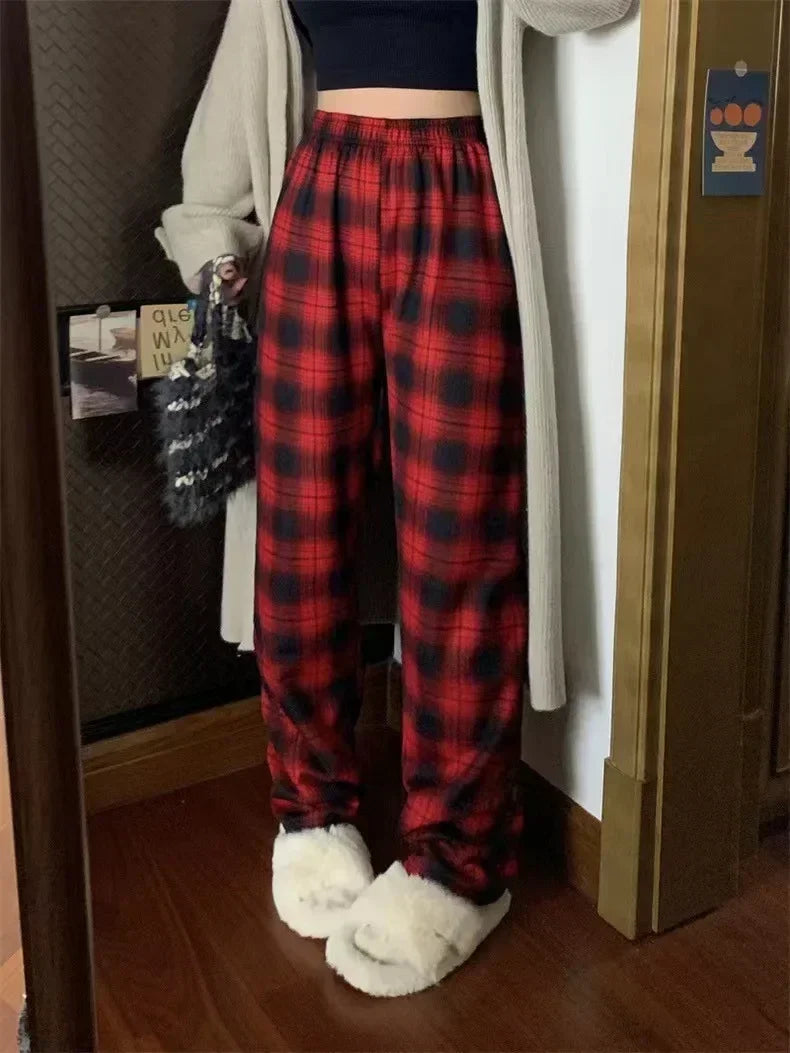 Warm Plush Pants, Cashmere Thick Plaid Ladies Winter Loose Wide-legged Pants