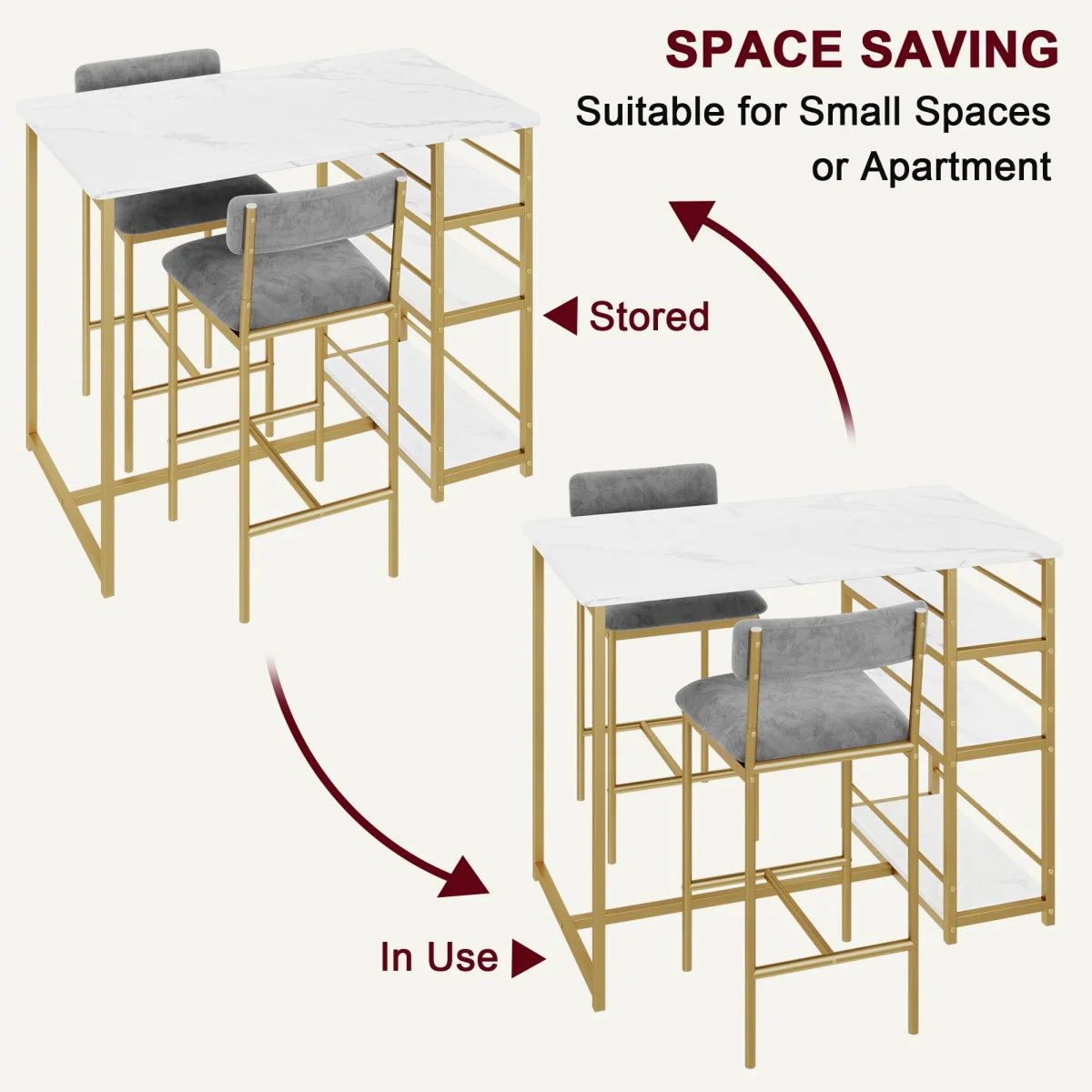 2-Person Dining Table Set, Bar Table with 2 Upholstered Chairs, & 3 Storage Shelves, Small Space Kitchen Table for Apartment.