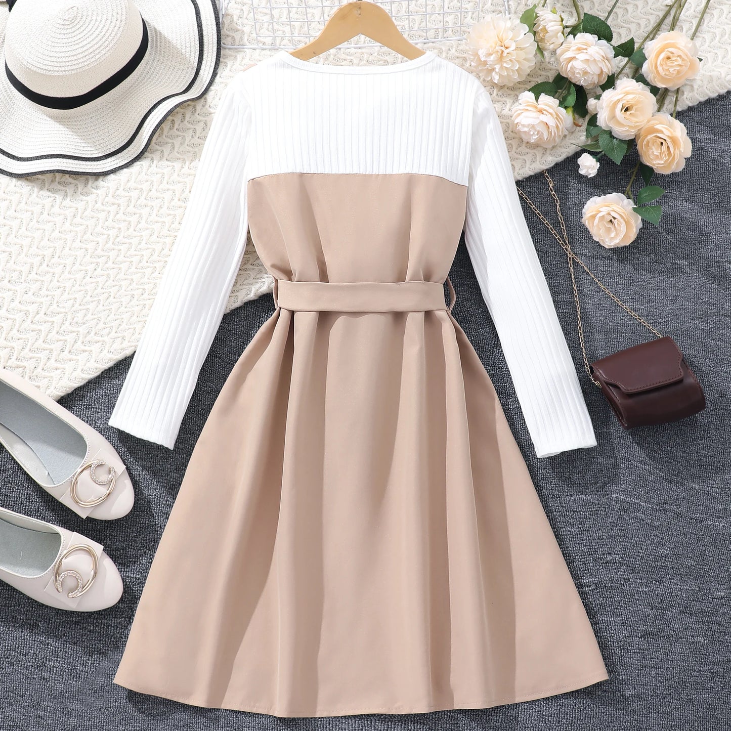 8-12 Yrs Long Dress for Girl Autumn and Winter, Belt Button Khaki  Long Dress.