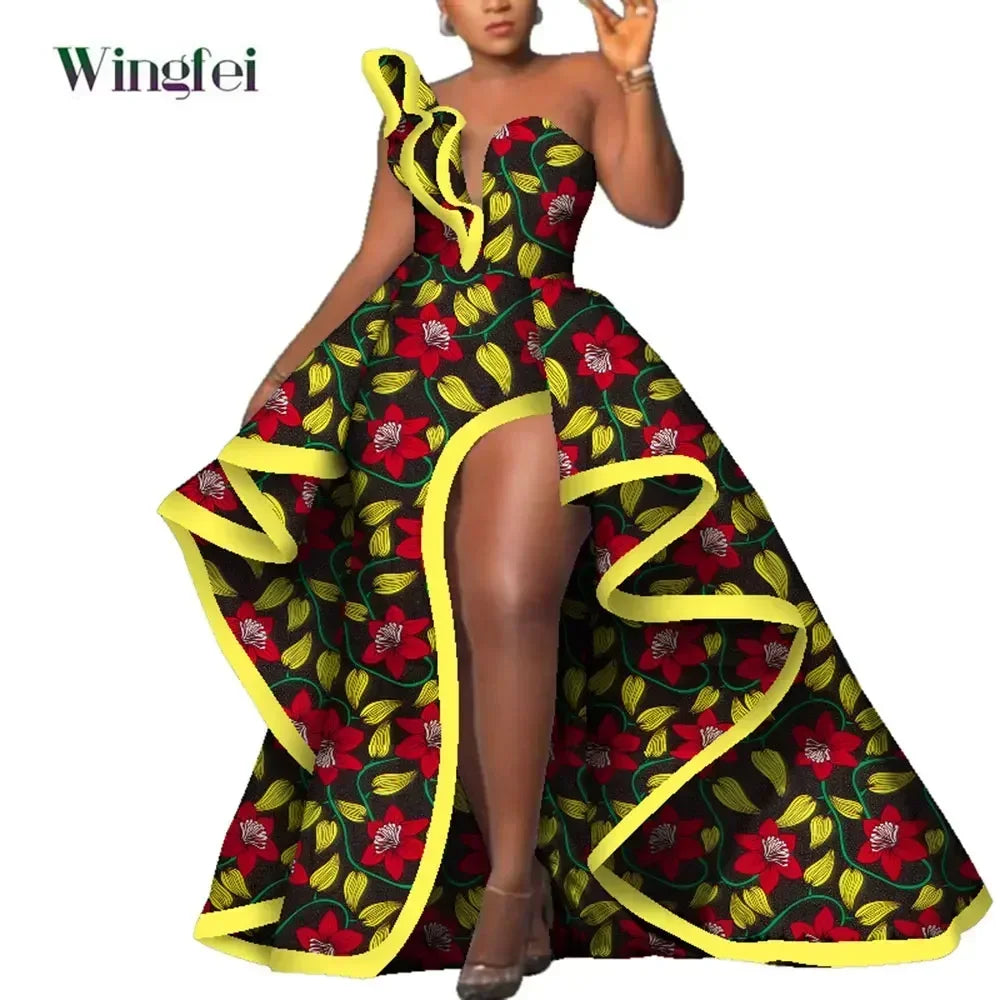 Dashiki Party Dresses Fashion Robe Floral Print Maxi, Long Strapless African Dresses for Women WY6981.