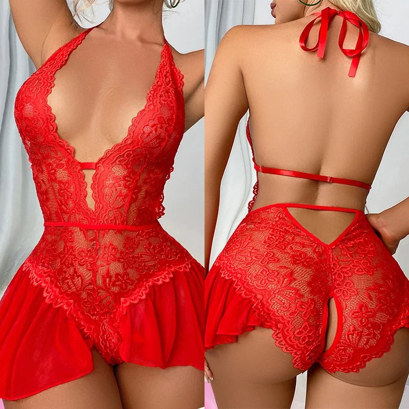 Sexy Crotchless White Underwear, Women Lace Hollow Bra Set ,Teddy Baby Doll Dress Lingerie Set.