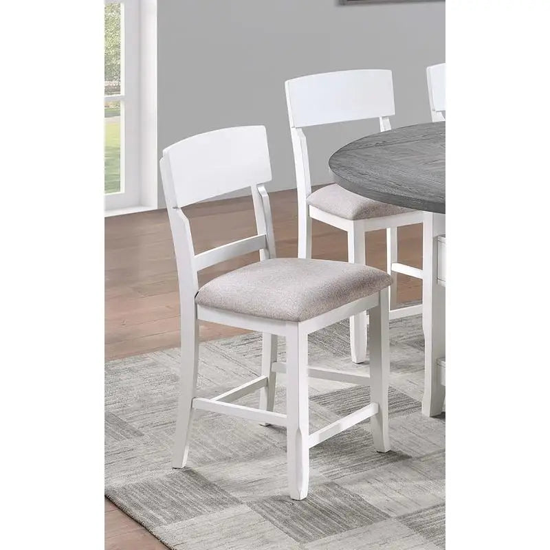 Classic 7-Piece Counter Height Dining Set, with Antique White and Gray Table, Lazy Susan, Built-in Leaf, and 6 High Chairs.
