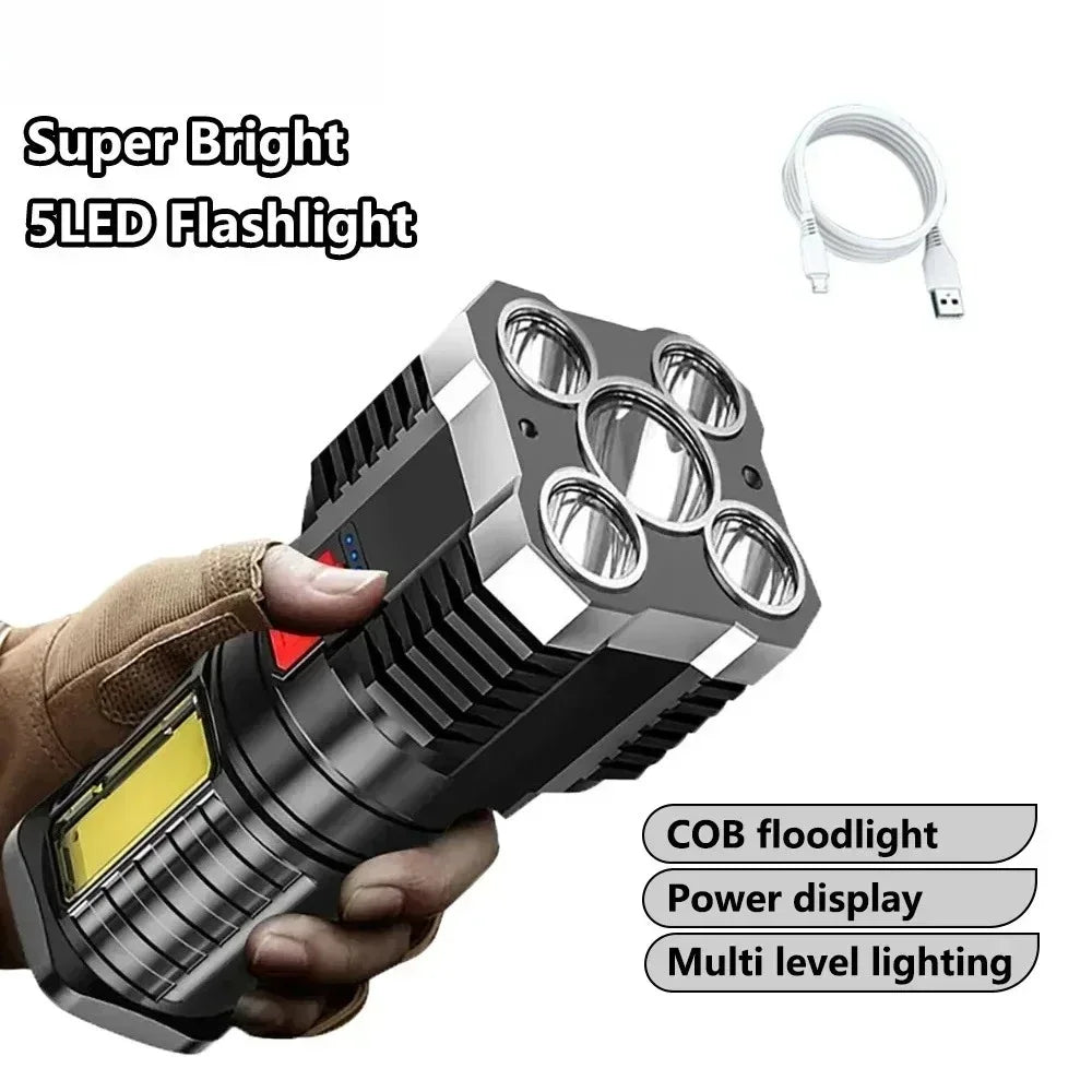 Hilo 5LED Flashlight Portable, Powerful COB Side Light 3 Modes USB Rechargeable, Camping Searchlight.