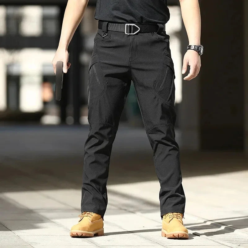 Men Waterproof Cargo Pants, Elastic Multiple Pocket Military Trousers.