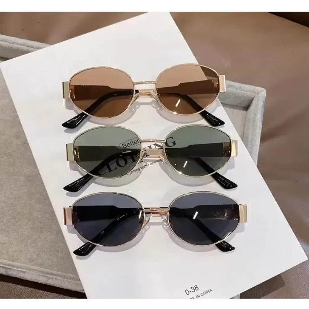 Luxury Metal Brand Sunglasses for Men and Women, Unisex Designer Fashion Sun Glasses Oval Stylish Eyewear Shades.