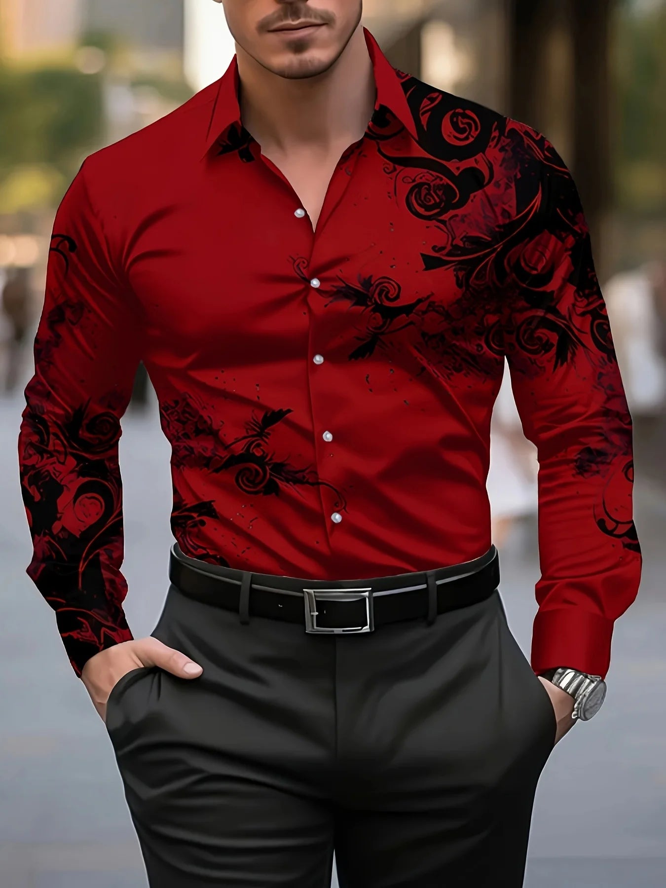 Men Stylish Red Floral Print Dress Shirt - Casual Long Sleeve Button-Up Design.