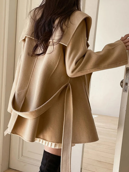Winter Wool Coat Women, Chic Navy Collar, Belted Waist