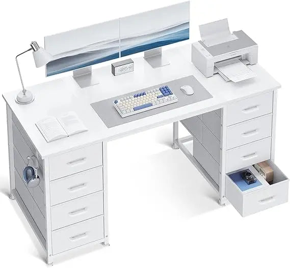 48-Inch White Desk with 8 Fabric Drawers for Modern Home Office.