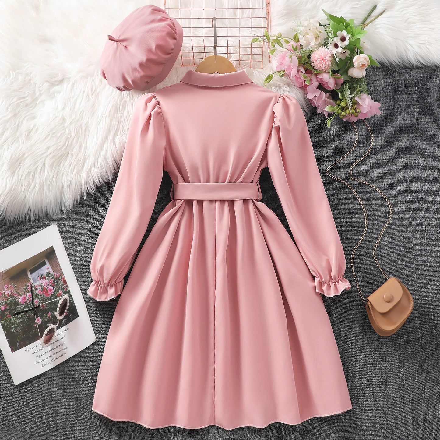 Tween Girls Stylish & Casual Long Sleeve, Solid Colored Button Up Lapel, Dress With Belt & Pockets.