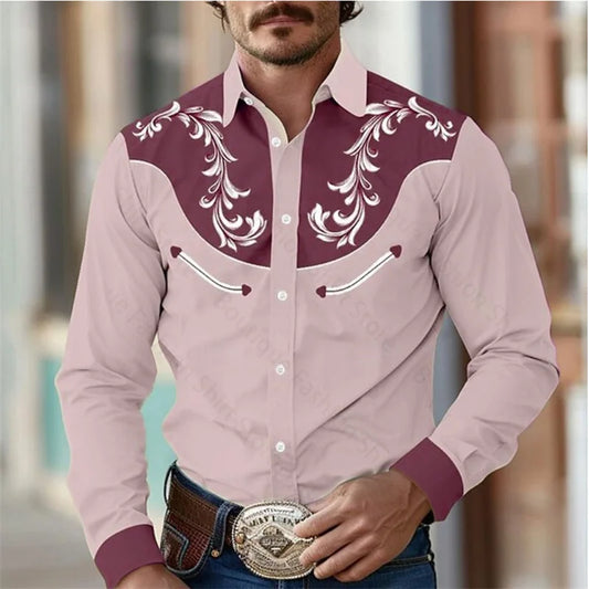 Camisa de hombre retro floral estilo western para exteriores, informal, de manga larga, tallas S-5XL.