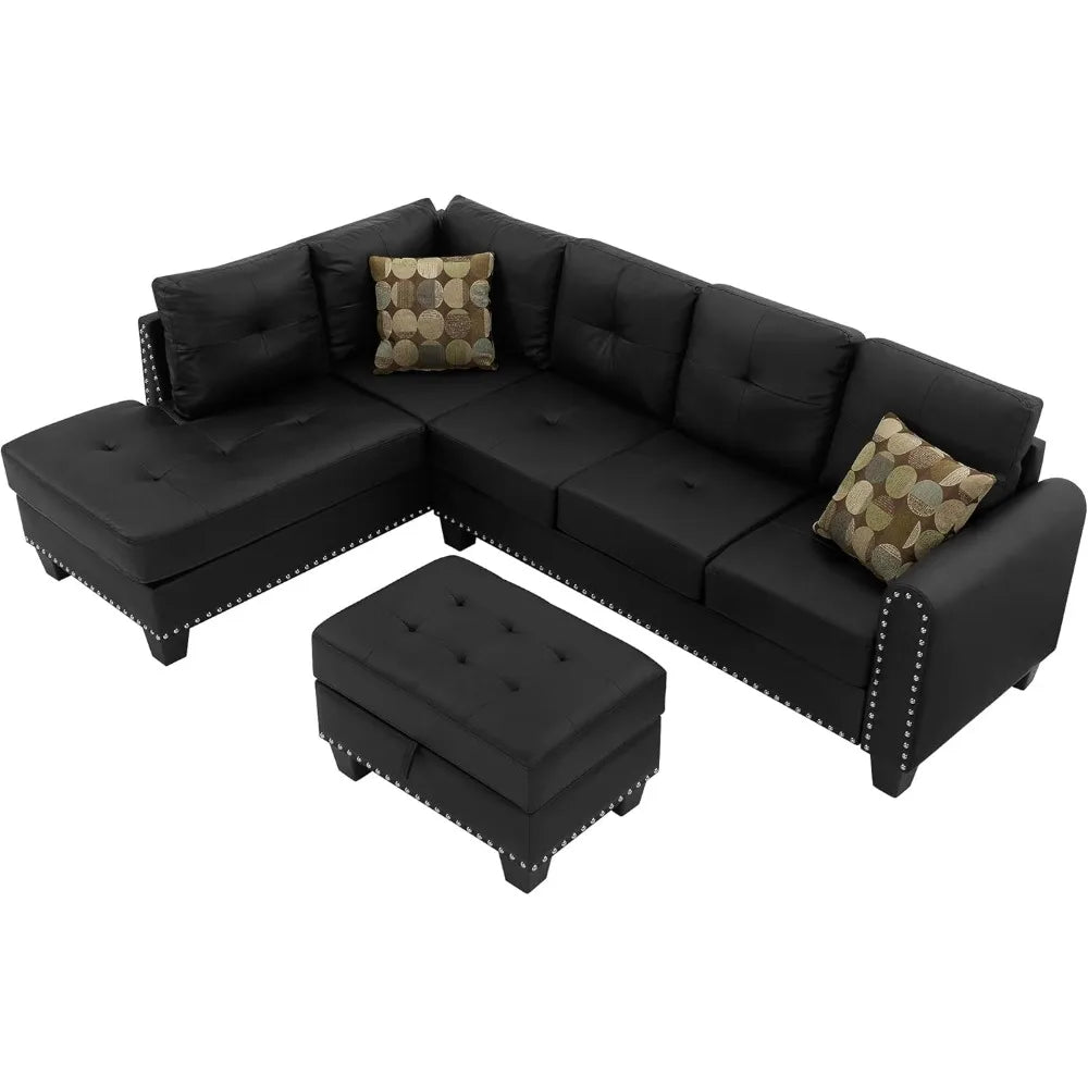3-Piece Sectional Couch Set L Shape 98" Wide Sofa, with 2 Cup Holders, Storage Ottoman