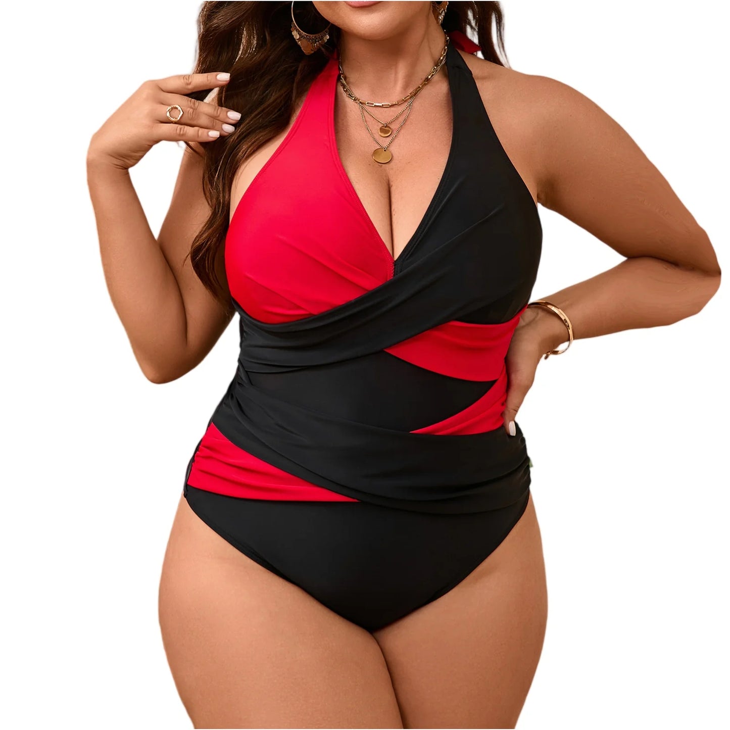 Plus Size One-Piece Women's Bikini Swimsuit, Stylish Color-blocked  Sexy , Deep V Neck Cross Tummy Control, One Piece Bikini.