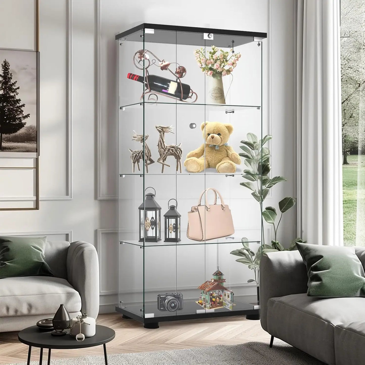 NEW Display Cabinet with Glass Door and Lock, 4-Shelf Fast Installation in 30 Mins Curio Cabinets, Living Room.