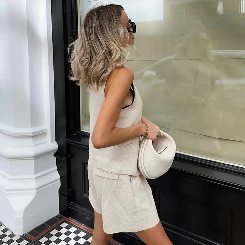 Women Two Piece Set Chic Button Vest Waistcoat +Short Sets Ensemble Femme 2 Piece.
