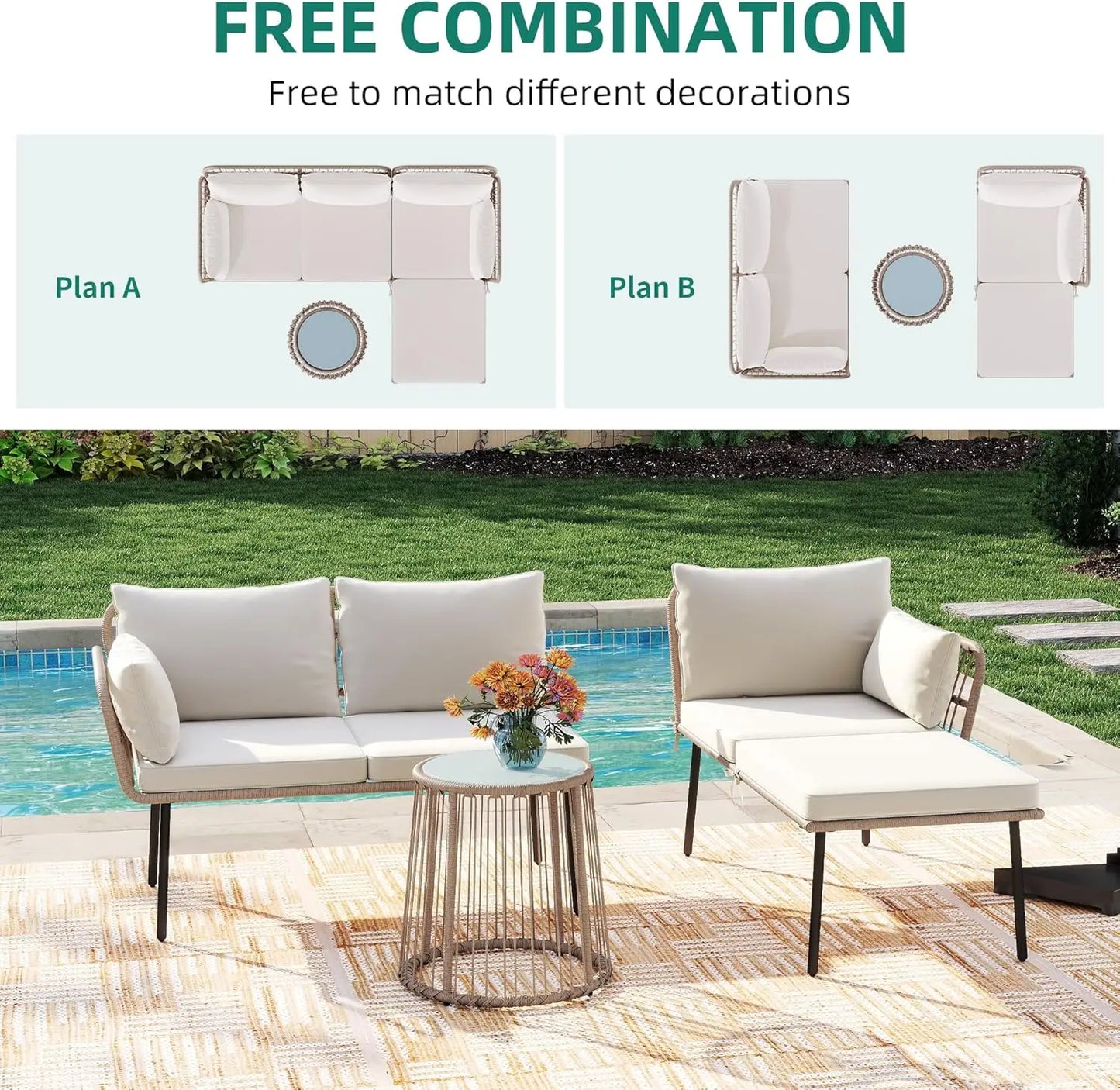 3 Pieces Patio Furniture Set, Outdoor Wicker Conversation Sectional L-Shaped Sofa with 4 Seater.