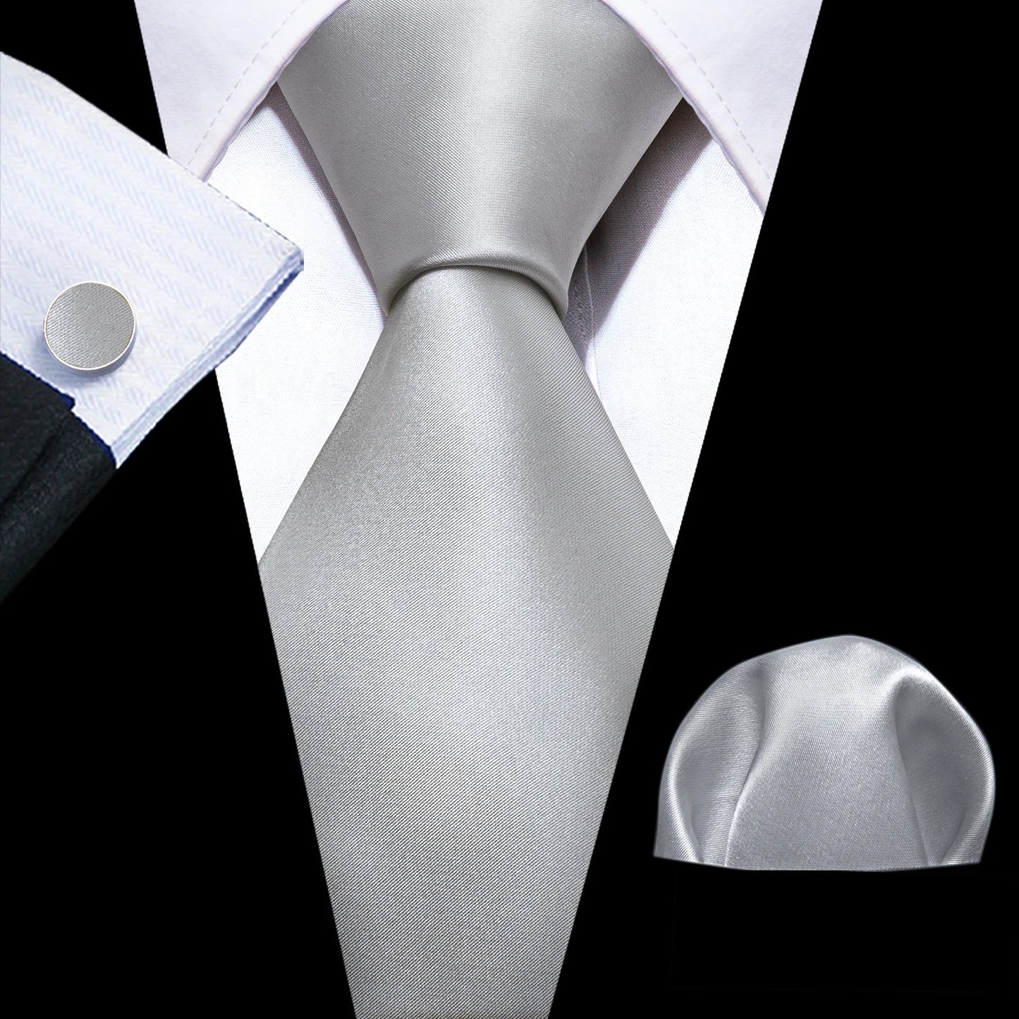 Black White Gray Silver Men Tie Handkerchief Cufflinks Set.