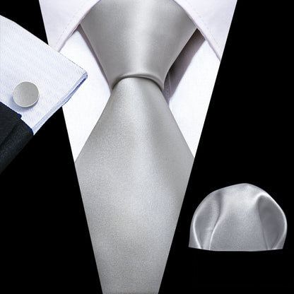 Black White Gray Silver Men Tie Handkerchief Cufflinks Set.