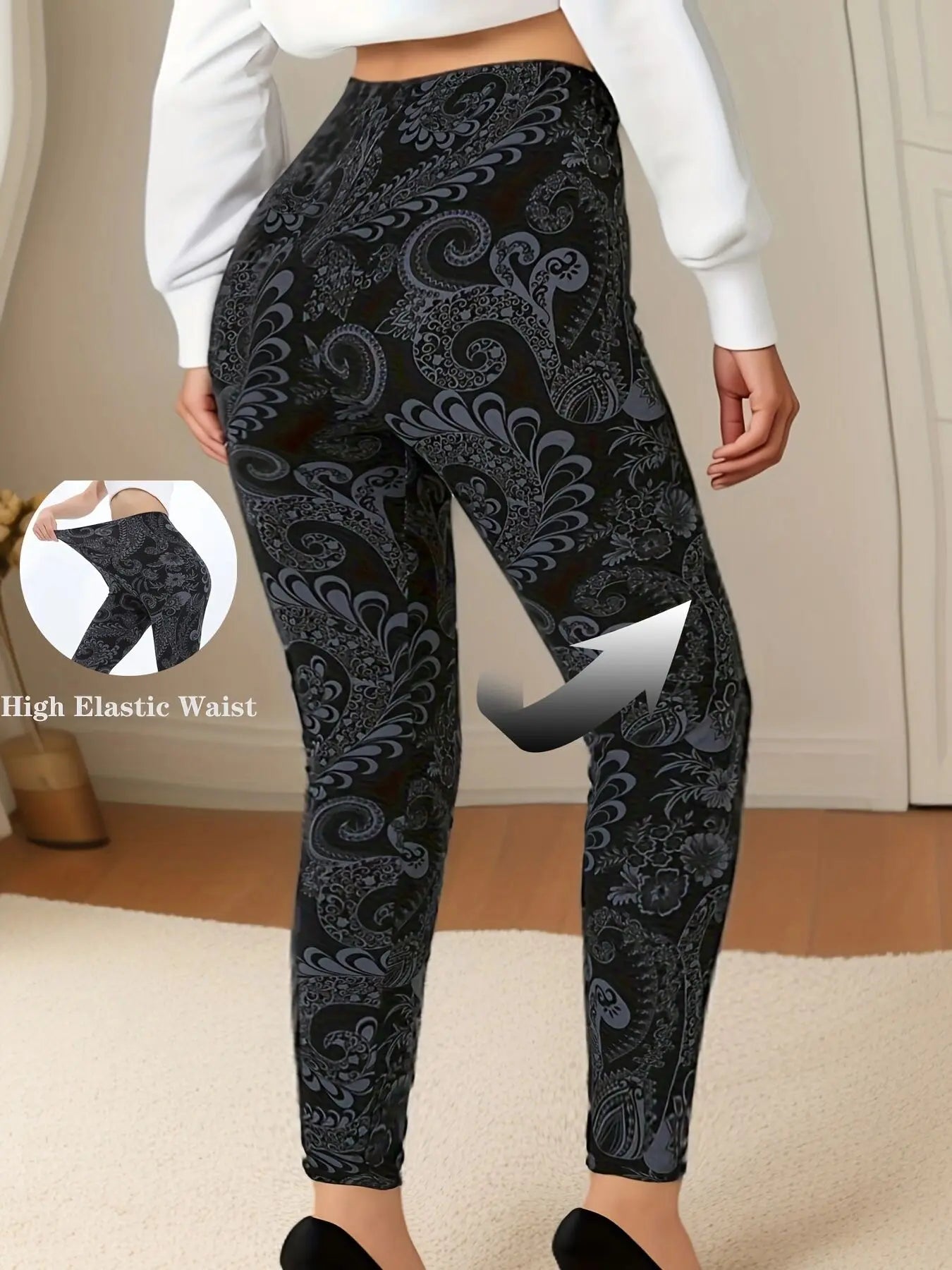 Plus Size Super Elastic Fashion Tight Pants, Black Bottom, Flower Vine pants.