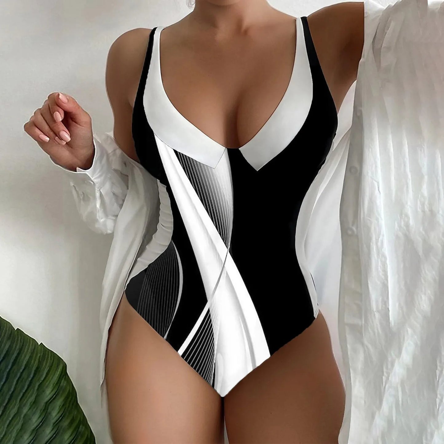 New One Piece High Waisted Swimsuit Women Push Up Padded Swimwear.