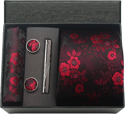 100% Silk Necktie Paisley Floral Men Business Tie, Pocket Square ,Tie Clip ,Cufflinks Set  Gift Box.