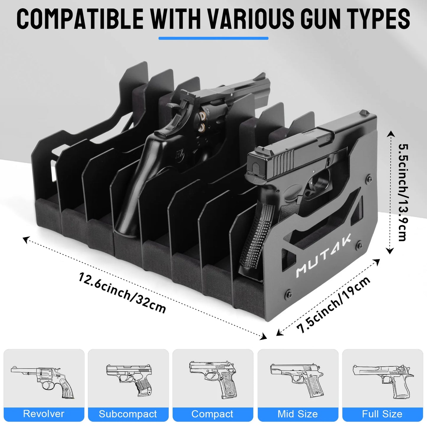 4/6/8 Slot Foam Pistol Rack for Gun Safe, Handgun Rack with Anti-slip Magnetic Strip.