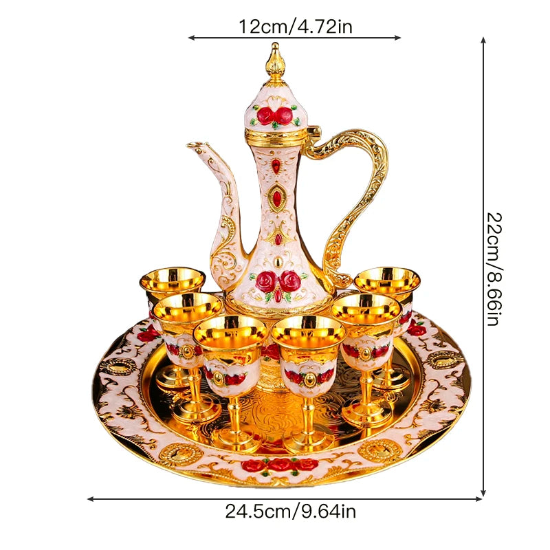 1 metal wine set, 1 tray and 6 shot glasses and 1 wine pot combination.