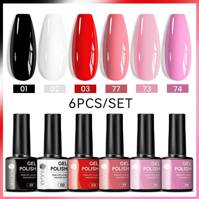 7ml All Season Gel Nail Polish Set, Nude Pink, Red Glitter, Semi Permanent UV Gel Kits.