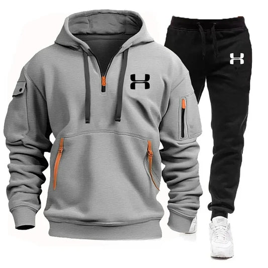Men autumn and winter new zipper long sleeved hooded sweatshirt, sports and casual pants, two-piece fitness jogging suit.