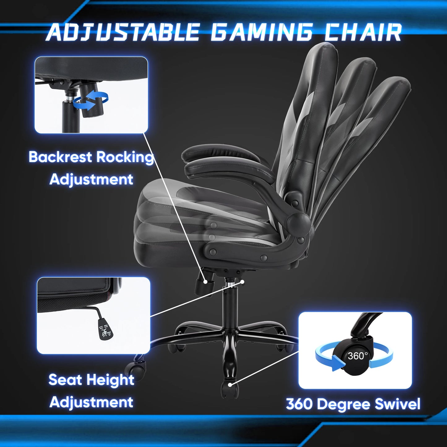 JHK Ergonomic Office Computer Home Gaming Desk Chair, Adjustable Leather Chair Flip-up Armrest.
