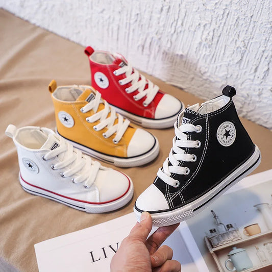 Children High-Top Canvas Shoes, Soft Bottom Comfortable Non-slip Casual Shoes, Simple Solid Color Lace-Up Canvas Shoes.