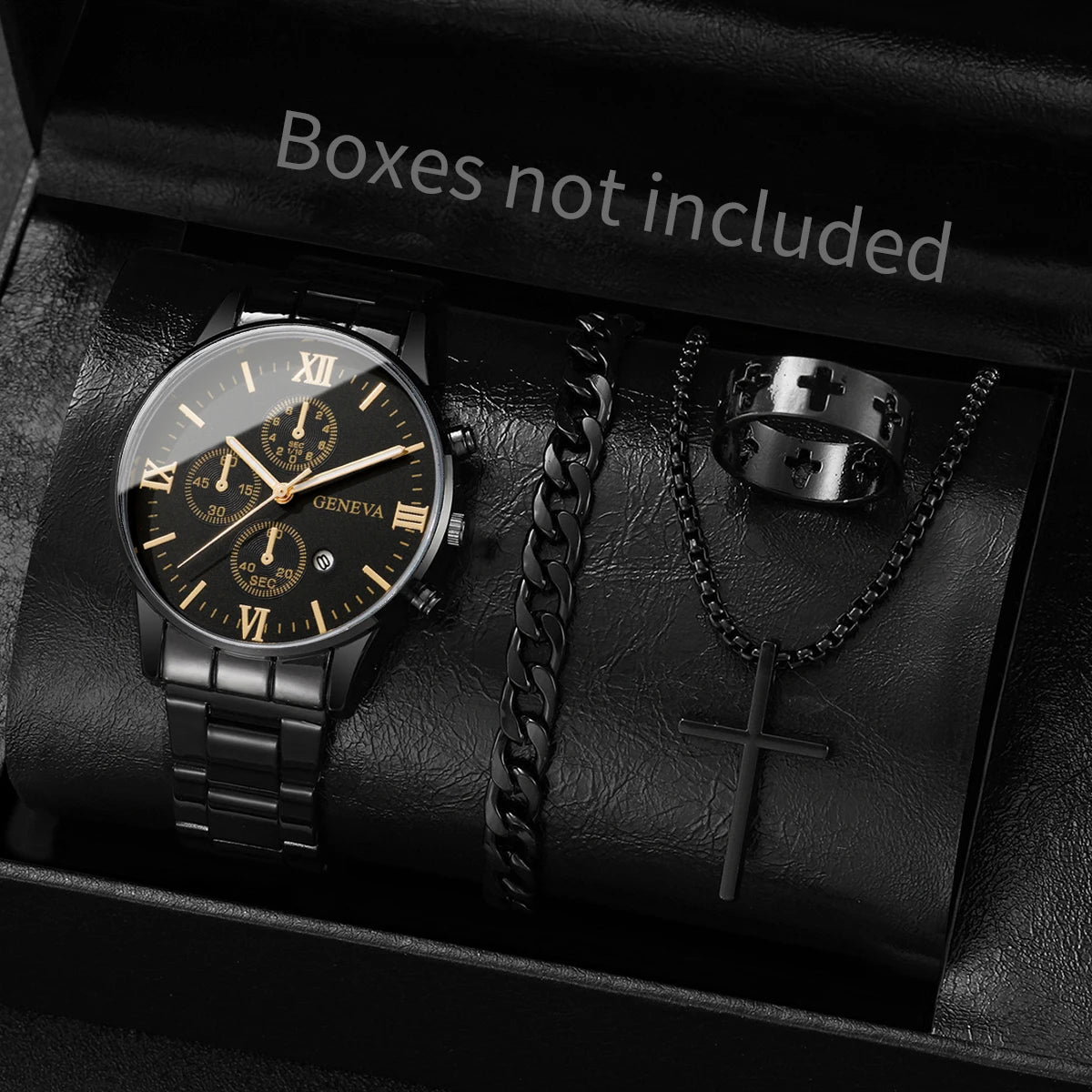 4pcs/set Men's Watch Bracelet Necklace Ring Set   (No Box)