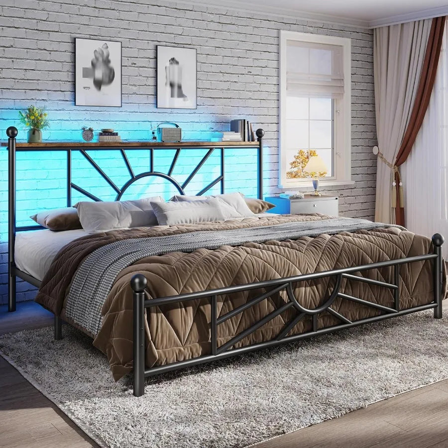 Metal King Bed Frame and Headboard Footboard ,with LED Light Mattress Foundation, with Under Bed Storage.