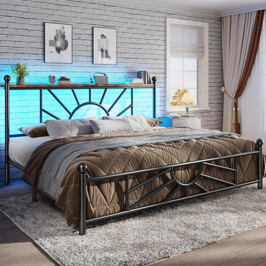 Metal King Bed Frame and Headboard Footboard ,with LED Light Mattress Foundation, with Under Bed Storage.