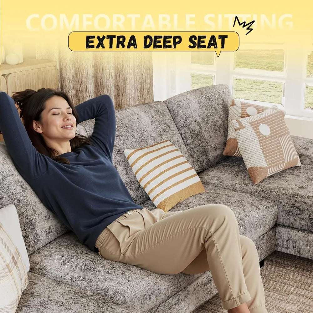 U-Shaped Sectional Sofa, 4-Seat Chenille Fabric Couch with Removable Pillows for Living Room, Apartment & Small Space (Grey)