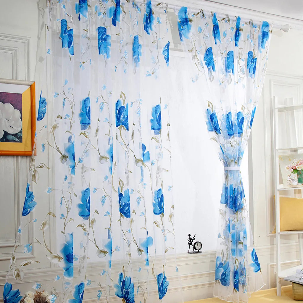 Floral Tulle Curtains For Living Room, White Sheer Curtains For Bedroom, Short Kitchen Window Curtains.