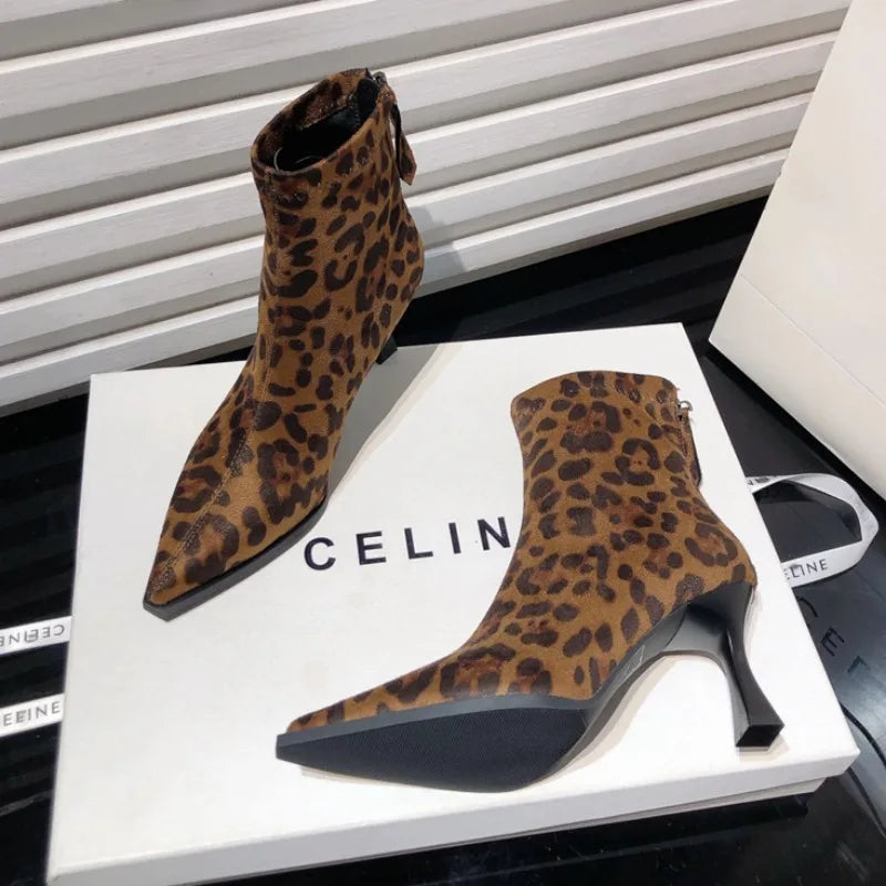 Autumn Women High Heel Leopard Print Ankle Boots, New Pointed Head Thin Heel.