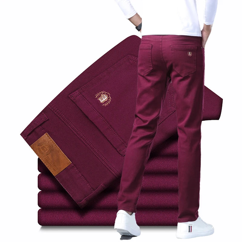Men Fashion Classic Jeans Solid Color  Streetwear Trousers Stretch Slim-fit