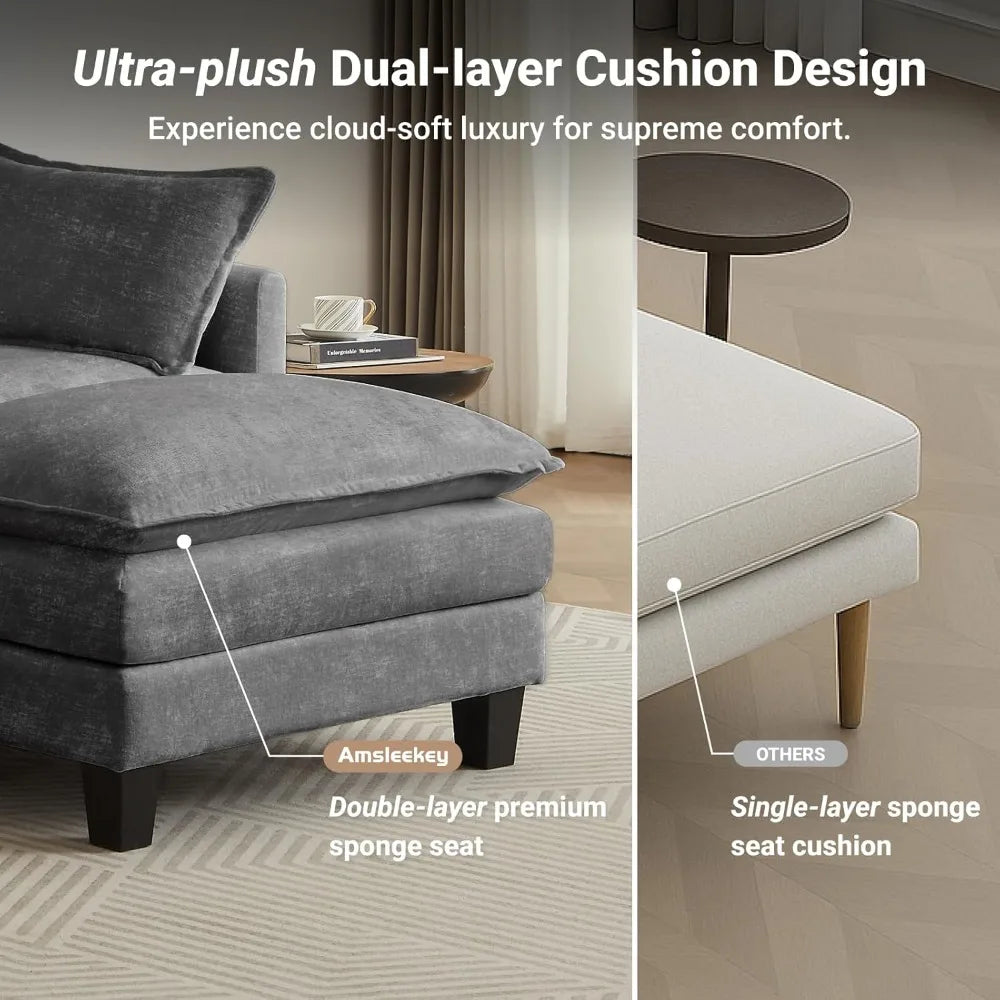 108" U Shaped Modular Sectional Sofa Comfy Cloud 3 Seat with Movable Ottoman Deep Seat Living Room Linen Beige Customized