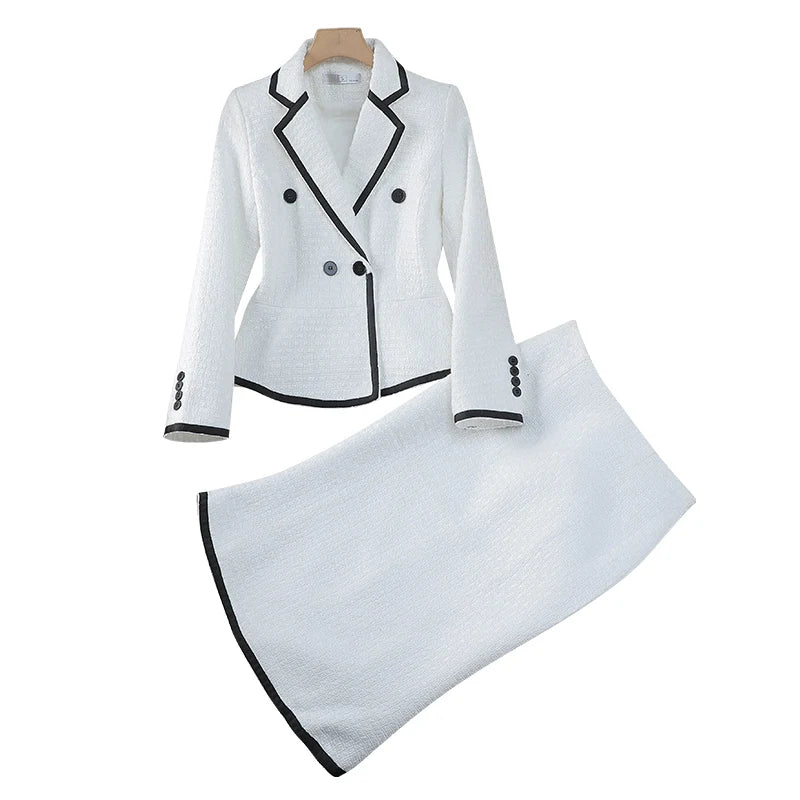 Black White Office Lady French Two Piece Suit ,Women, High Waist Midi Skirts, short blazer.