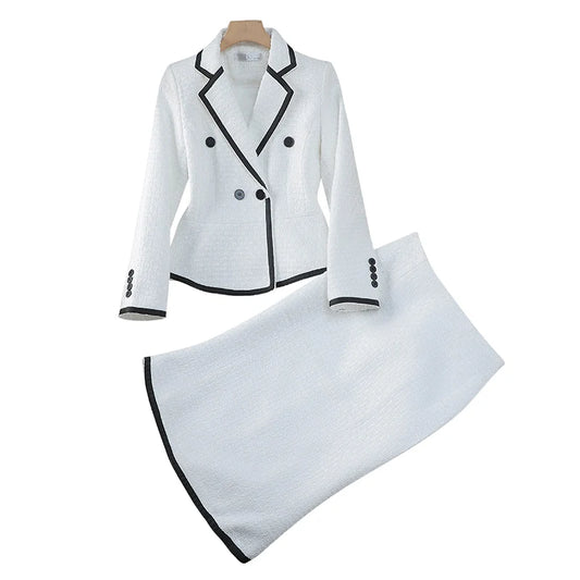 Ensemble deux pièces tailleur-pantalon noir et blanc pour femme, jupes midi taille haute, blazer court.