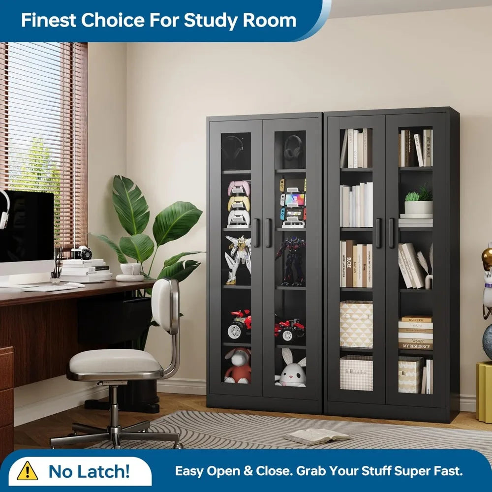 67 Inch Glass Door Display Cabinet with 4 Adjustable Shelves. Heavy Duty Steel Storage Case for Home, Office.