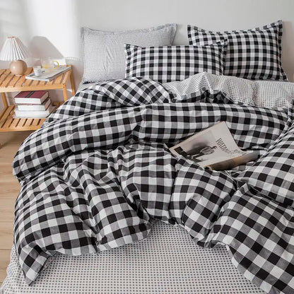 Queen Size Bedding Set, White Color, Black Plaid Microfiber, King Size Bed Linen