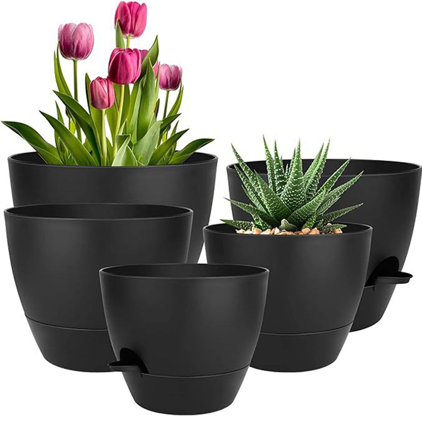 5Pcs Self Watering Planters with Drainage, Large Flower Pot  Indoor Outdoor Plants