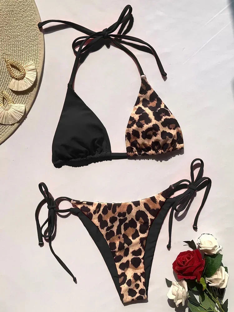 Halter Splicing Leopard Bikinis 2026 Satin Bikini Female Swimsuit Women Swimwear.