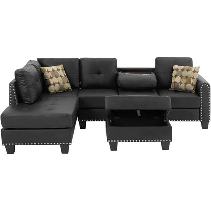3-Piece Sectional Couch Set L Shape 98" Wide Sofa, with 2 Cup Holders, Storage Ottoman