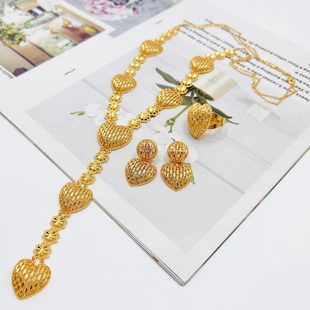 Fashion Necklace Earrings Ring Women Jewelry Gold Color Necklace Earring Ring Set